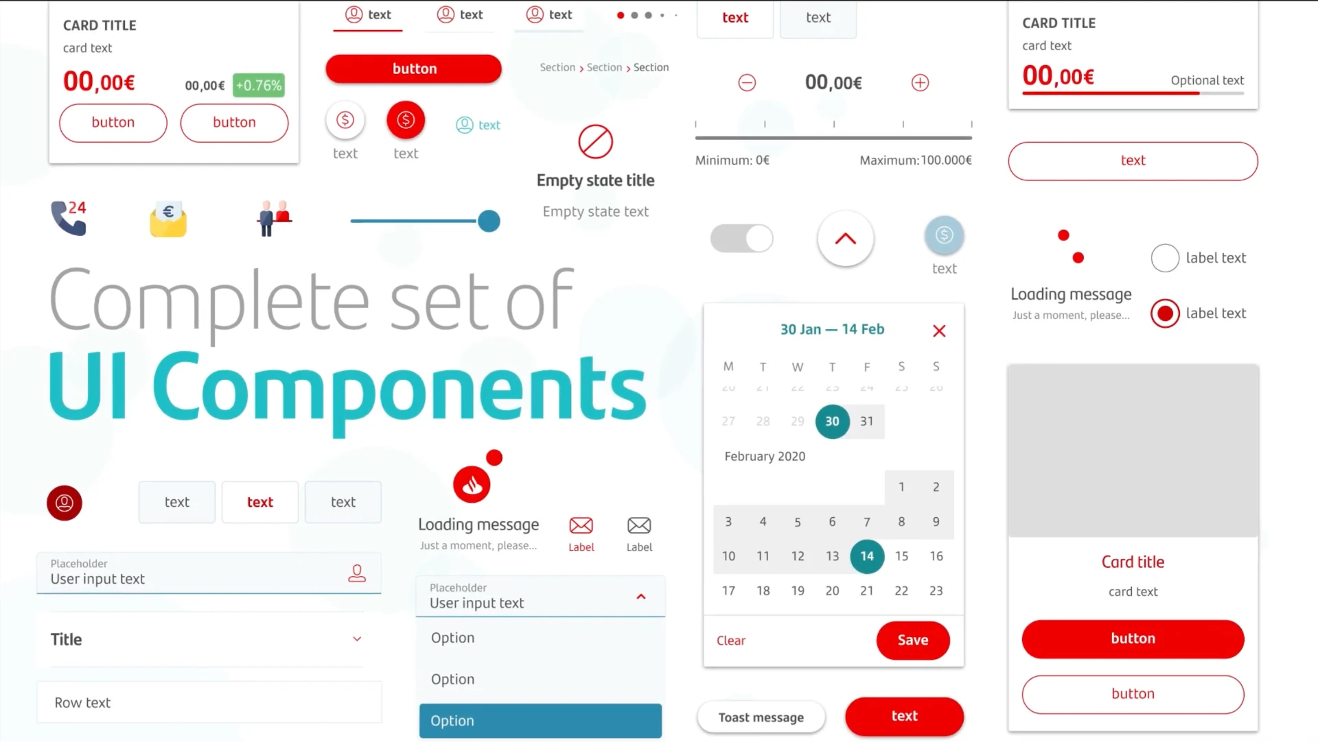 Santander design system UI component sheet with cards, buttons, inputs, tabs, sliders, calendar, toast messages and form controls in the bank's red and teal palette on a light background