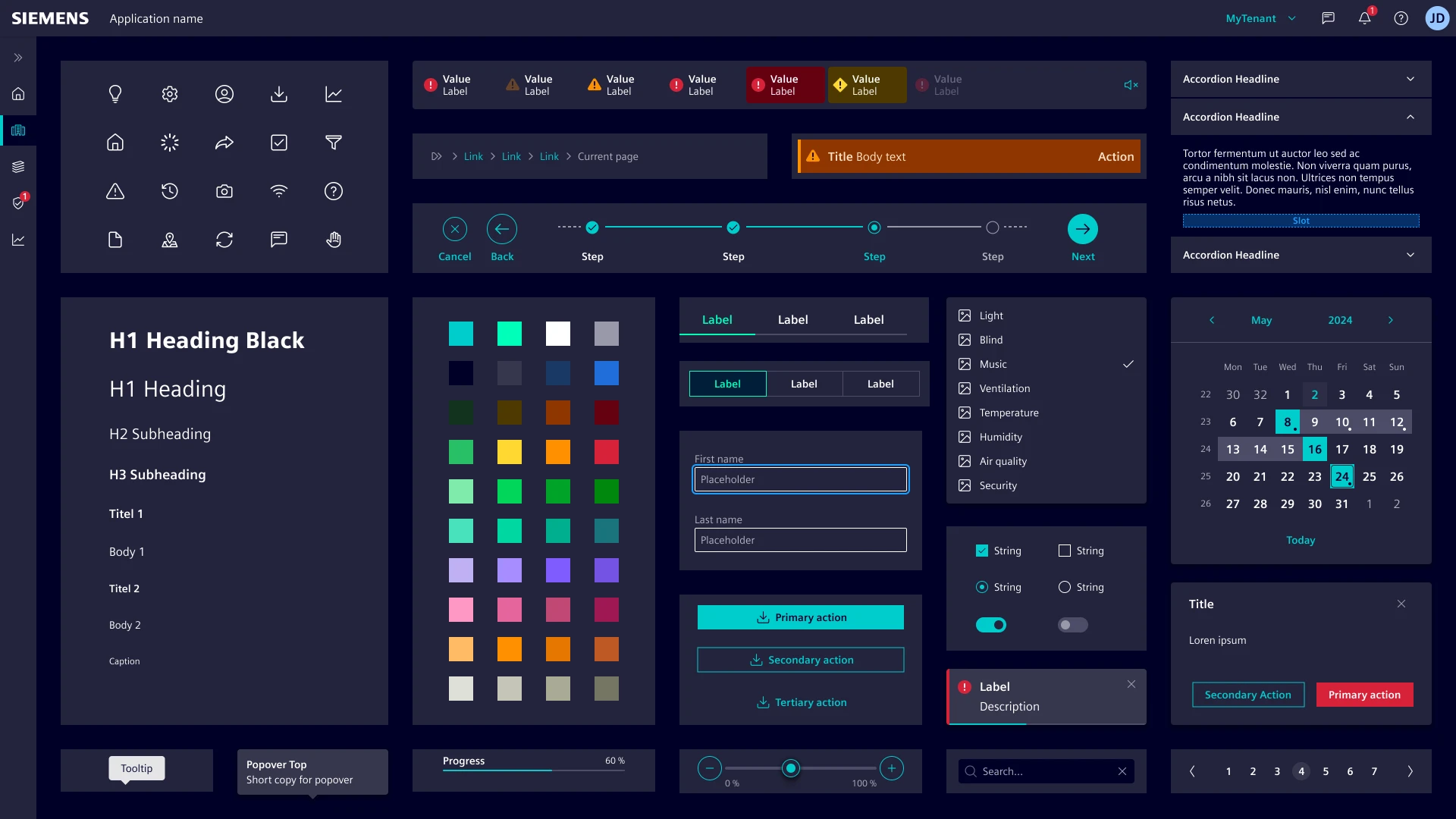 Dark-themed Siemens design system component sheet showing colour tokens, typography, buttons, inputs, tabs, badges, calendar, date picker and form controls