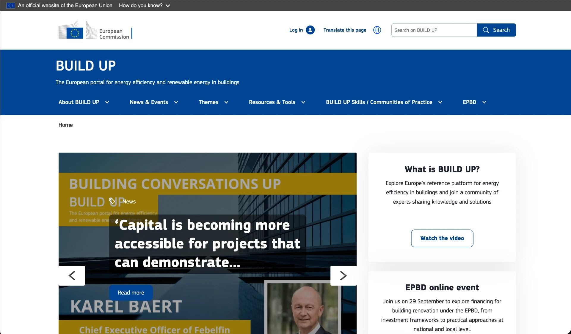 BUILD UP European Commission website showing the blue portal header, navigation and a building energy efficiency news carousel